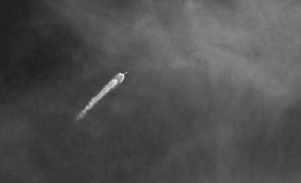 A black and white version of the SpaceX launch of the Space Force classified USSF-124 mission from Launch Complex 40 at 5:30 p.m. EST.