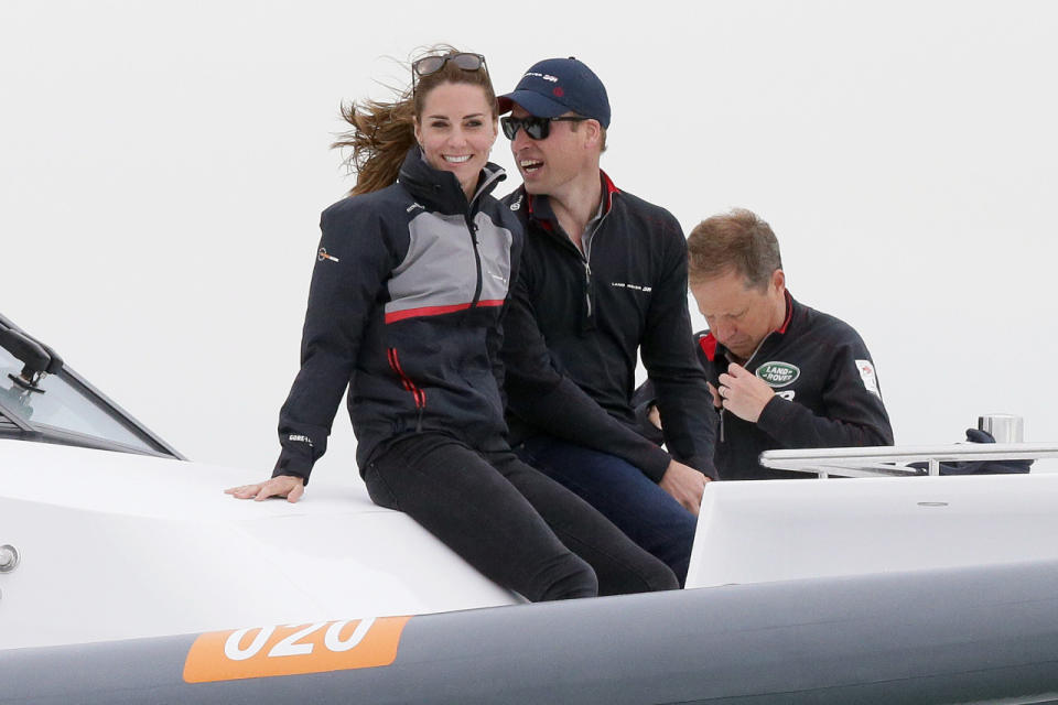 <p>Britain’s Kate, Duchess of Cambridge and Prince William watch the America’s Cup World Series Race from a boat on the Solent, in Portsmouth, England, Sunday, July 24, 2016. The royal couple visited the home of the British competitors for the America’s Cup before observing the ongoing competition. (Photo: Tim Ireland/AP)</p>