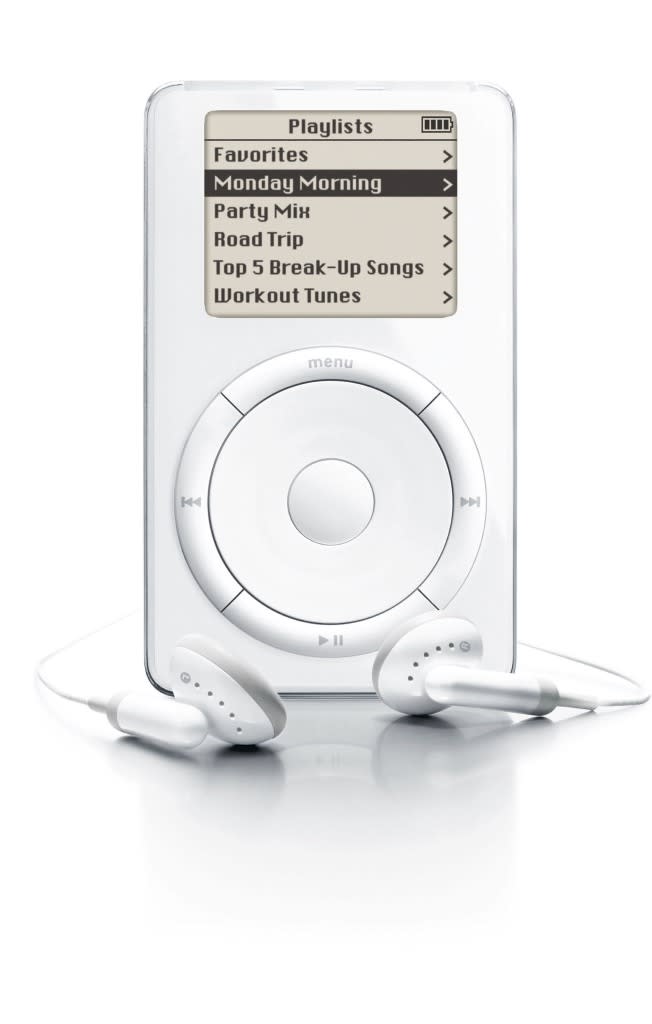 396388 01: Apple Computer Inc. unveiled a new portable music player, the iPod MP3 music player October 23, 2001 at an event in Cupertino, Calif. The device can hold up to 1,000 songs in digital form. (Photo Courtesy of Apple Corp. via Getty Images)