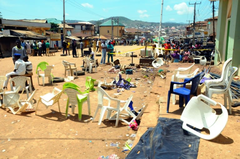 The scene on July 6, 2015 in the central Nigerian city of Jos where twin bomb blasts killed at least 44 people