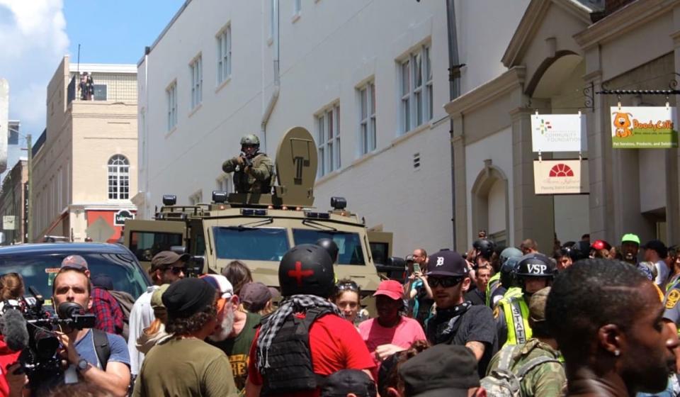 <div class="inline-image__caption"><p>Police respond in an armored vehicle following the vehicular assault on the crowd.</p></div> <div class="inline-image__credit">Michael Gould-Wartofsky</div>