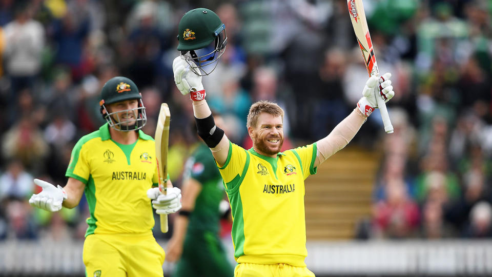 Pictured here, David Warner celebrates scoring a century at the 2019 Cricket World Cup.