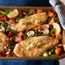 <p>This Greek-inspired chicken and vegetable sheet-pan meal is bursting with flavor. The chicken is coated in a mayonnaise and bread crumb mixture, roasted alongside asparagus, cremini mushrooms and grape tomatoes and then served with a lemon-feta vinaigrette. <a href="https://www.eatingwell.com/recipe/266598/sheet-pan-chicken-with-roasted-spring-vegetables-lemon-vinaigrette/" rel="nofollow noopener" target="_blank" data-ylk="slk:View Recipe" class="link ">View Recipe</a></p>