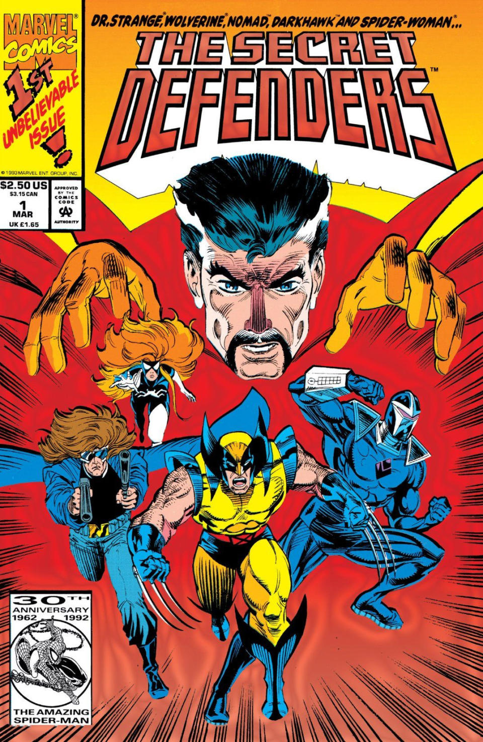 The cover for Secret Defenders #1 shows Doctor Strange controlling a team of edgy heroes like a puppet master