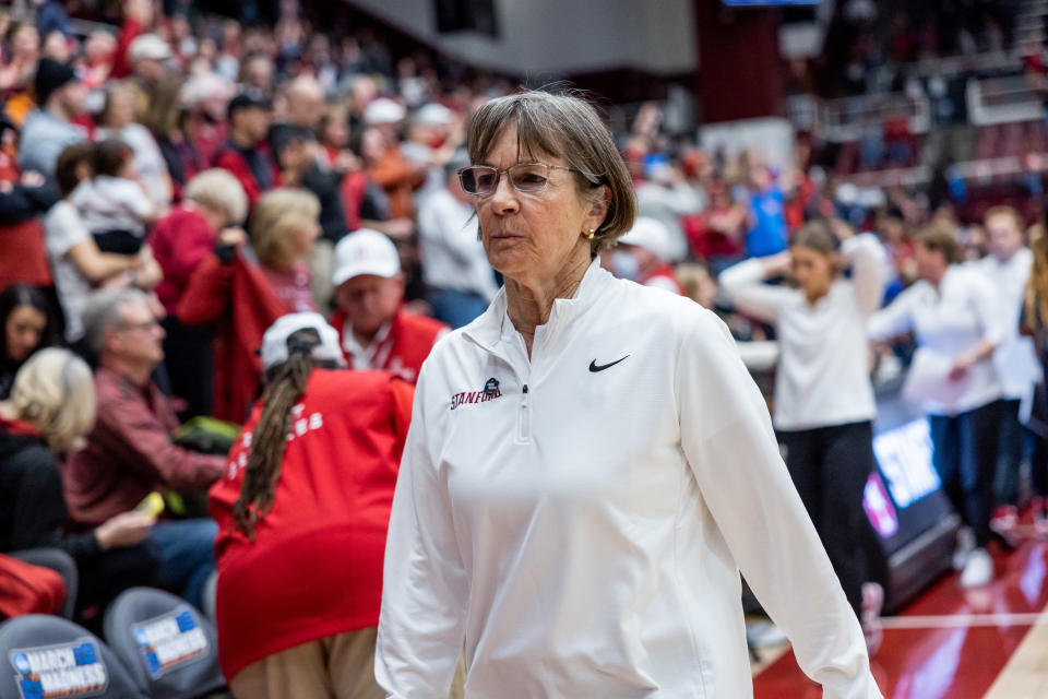 STANFORD, CA - MARCH 19: Stanford Cardinal head coach Tara VanDerveer walks off the court after her teams elimination during the second round of the NCAA Womens Basketball Tournament between the Ole Miss Rebels and the Stanford Cardinal on Mar 19, 2023 at Maples Pavilion in Palo Alto, CA. (Photo by Bob Kupbens/Icon Sportswire via Getty Images)