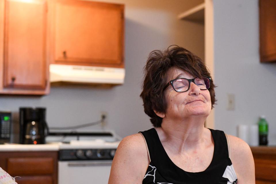 Penny takes a breath while talking about her experience as a survivor of sexual assault on Thursday, April 14, 2022, at her home in Sioux Falls. It's been nearly a year since her assault and she can still feel the fear from that night.