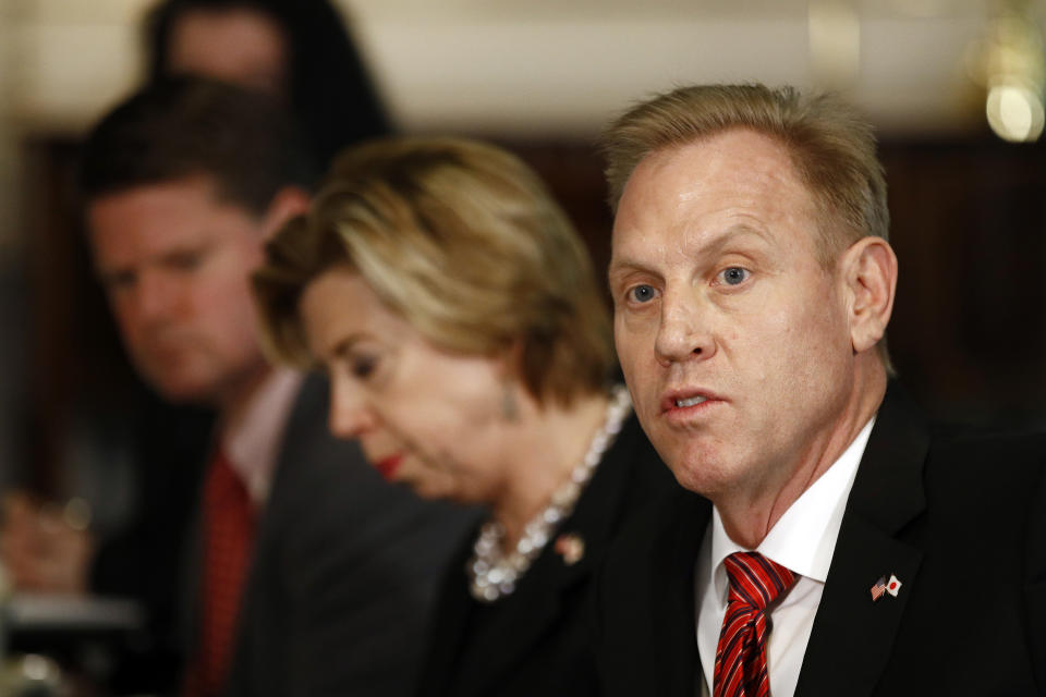 Acting Defense Secretary Patrick Shanahan speaks during a meeting with Japan's Defense Minister Takeshi Iwaya at the Pentagon, Friday, April 19, 2019, in Washington. (AP Photo/Patrick Semansky)