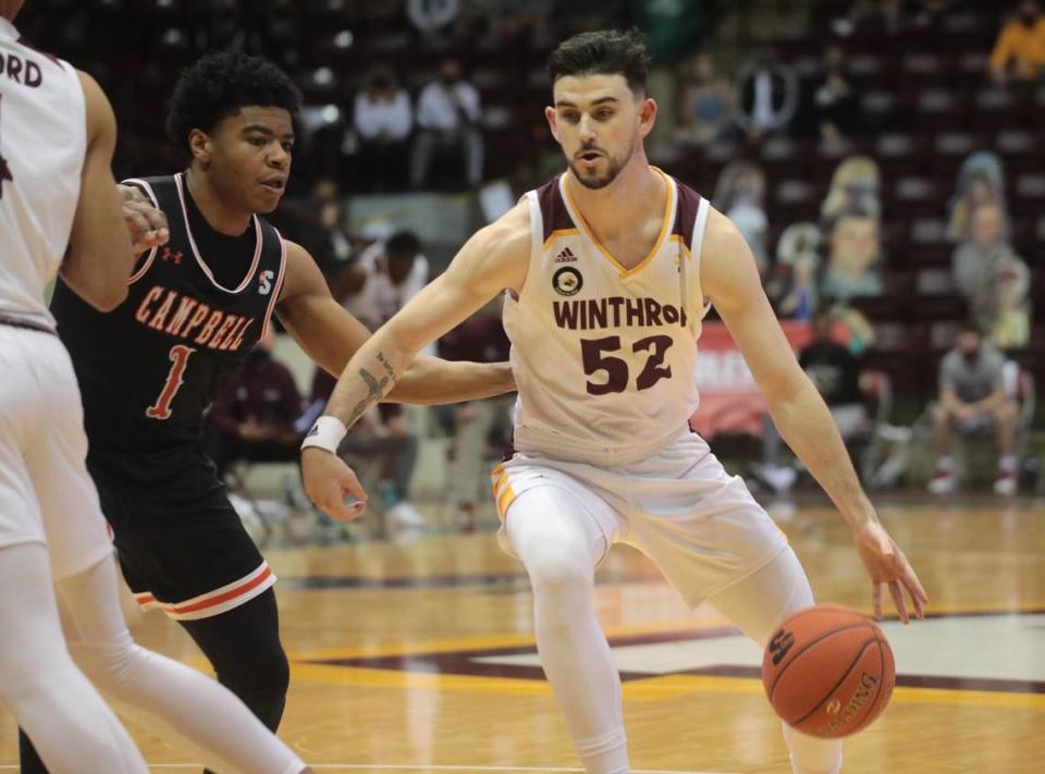 Winthrop’s Chandler Vaudrin dribbles up the court around Campbell’s Ricky Clemons