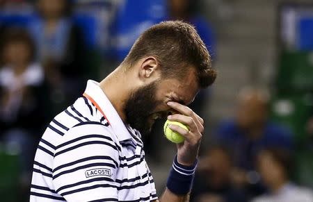 Benoit Paire of France reacts as he plays Switzerland's Stan Wawrinka in the men's singles final of the Japan Open tennis championships in Tokyo October 11, 2015. Wawrinka won the match. REUTERS/Thomas Peter