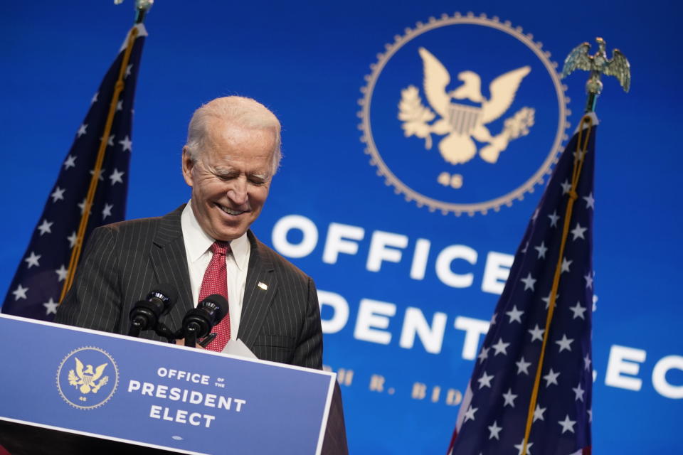 President-elect Joe Biden, accompanied by Vice President-elect Kamala Harris, speaks at The Queen theater, Thursday, Nov. 19, 2020, in Wilmington, Del. (AP Photo/Andrew Harnik)