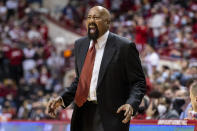 Indiana head coach Mike Woodson reacts during the first half of an NCAA college basketball game against Penn State, Wednesday, Jan. 26, 2022, in Bloomington, Ind. (AP Photo/Doug McSchooler)