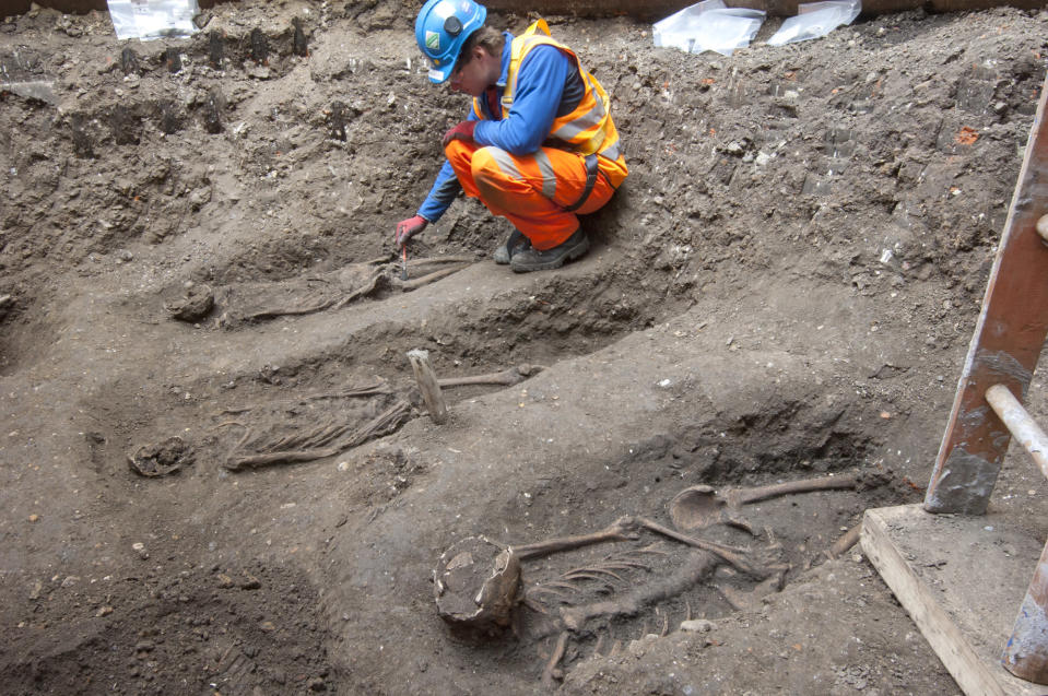 In this undated but recent photo supplied Friday March 15, 2015, by the London Crossrail Project, showing archaeologists working on the UK’s largest infrastructure project, Crossrail, as they uncover an historical burial ground in central London. Scientists were called in to investigate bones found during the digging of a new railway in central London, after uncovered 13 skeletons were found. The skeletons will be tested to see if they died from the Black Death plague which killed between 30 and 60 percent of the European population in the 14th century, and scientist hope to map the DNA signature of the plague bacteria. (AP Photo / Crossrail Project)