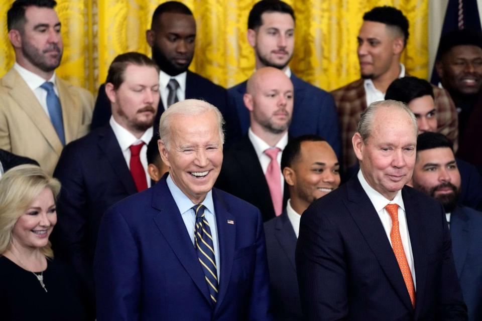 PHOTO: President Joe Biden stands with Houston Astros owner Jim Crane, right, during an event celebrating the 2022 World Series champion Houston Astros baseball team, in the East Room of the White House, Aug. 7, 2023, in Washington. (Jacquelyn Martin/AP)