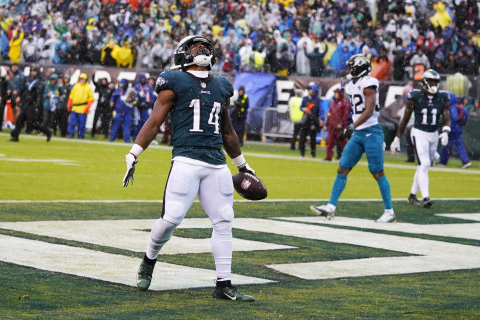 Philadelphia Eagles' Kenneth Gainwell celebrates scoring a touchdown during the first half of an NFL football game against the Jacksonville Jaguars on Sunday, Oct. 2, 2022, in Philadelphia. (AP Photo/Chris Szagola)