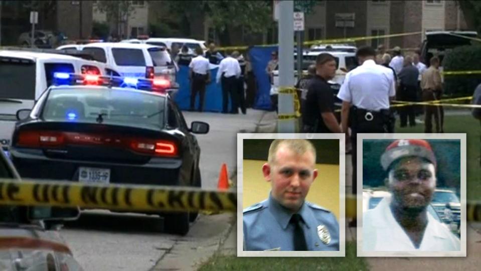 Former police officer Darren Wilson, Michael Brown Jr. and the shooting scene on Canfield Drive in Ferguson. (AP Photo)