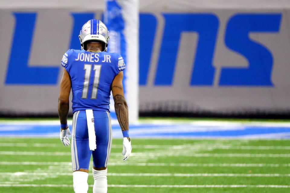 Marvin Jones Jr. of the Detroit Lions reacts during the second half against the Green Bay Packers at Ford Field on December 13, 2020 in Detroit, Michigan.