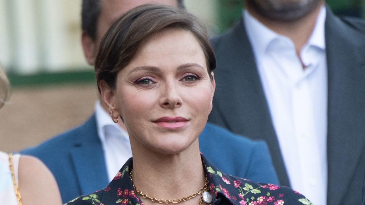 Princess Charlene in a floral shirt