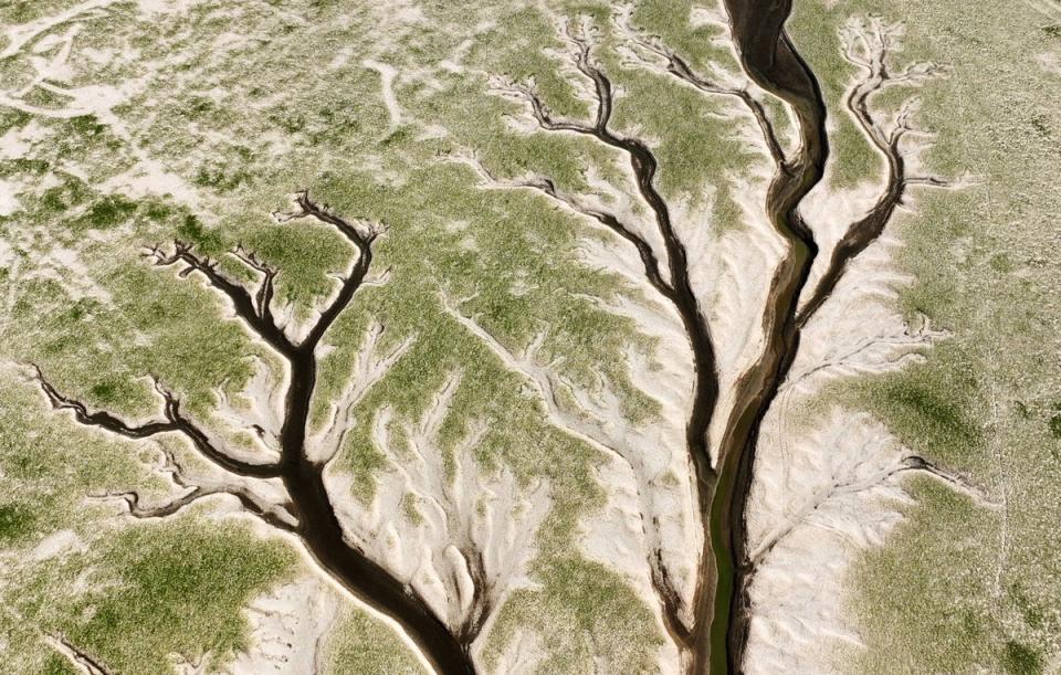 This aerial photo,taken in August 2022, shows dry sections of Poyang Lake in Jiujiang in China’s central Jiangxi province. (AFP via Getty Images)