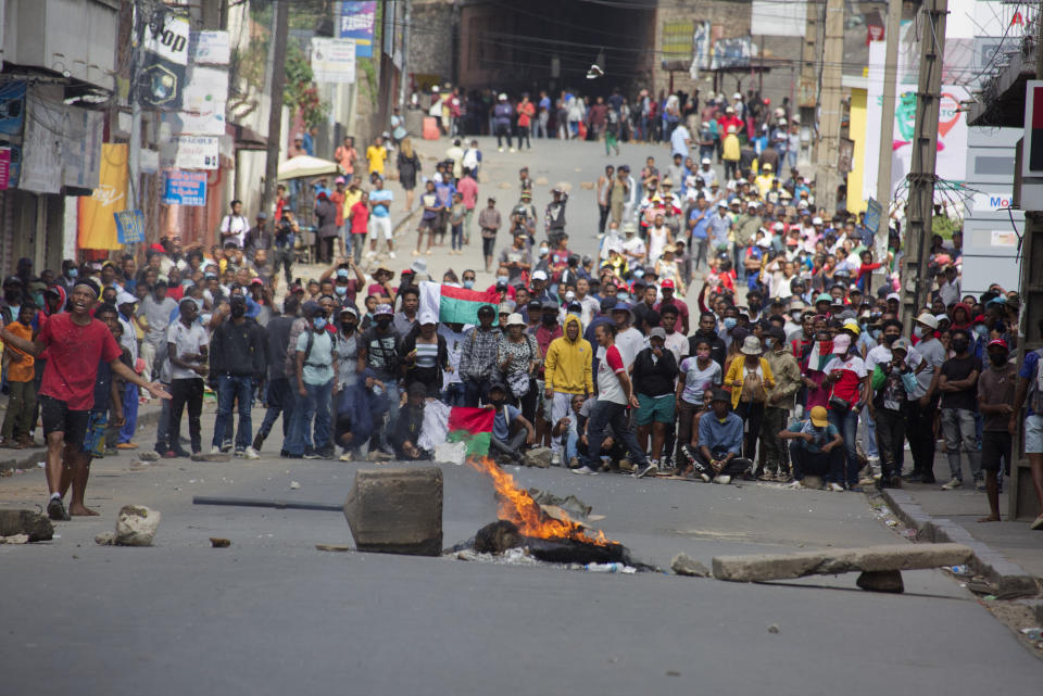 Anti-election demonstrators protest in Antananarivo, Saturday Nov. 11, 2023. Madagascar's Andry Rajoelina is pushing ahead with a presidential election, Thursday, Nov. 16 that could give him a third term, even as opposition protests roil the country and the majority of candidates have announced a boycott. (AP Photo/Alexander Joe)