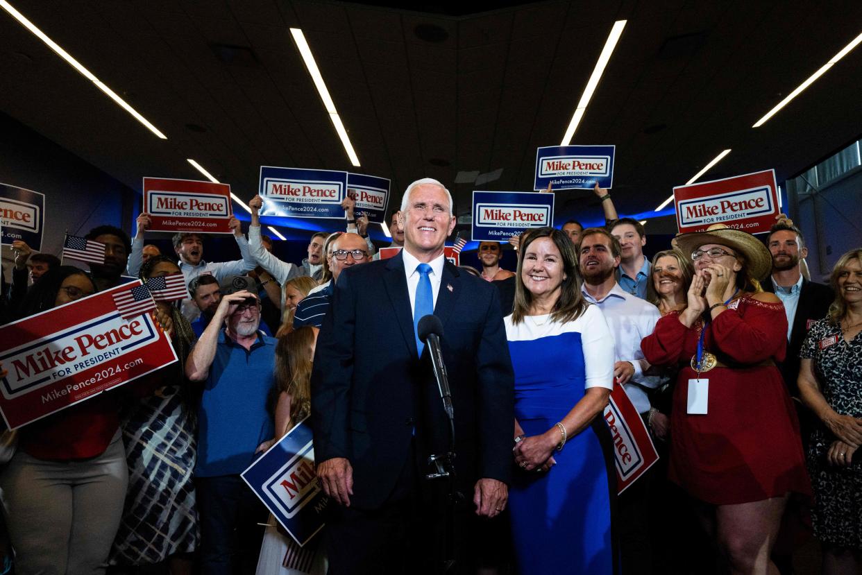 TOPSHOT - Karen Pence looks on as former US Vice President and 2024 Presidential hopeful Mike Pence is interviewed after his campaign launch event at the FFA Enrichment Center of the Des Moines Area Community College in Ankeny, Iowa, on June 7, 2023. Former US Vice President Mike Pence launched his presidential campaign Wednesday by framing the Republican nomination as a choice between 