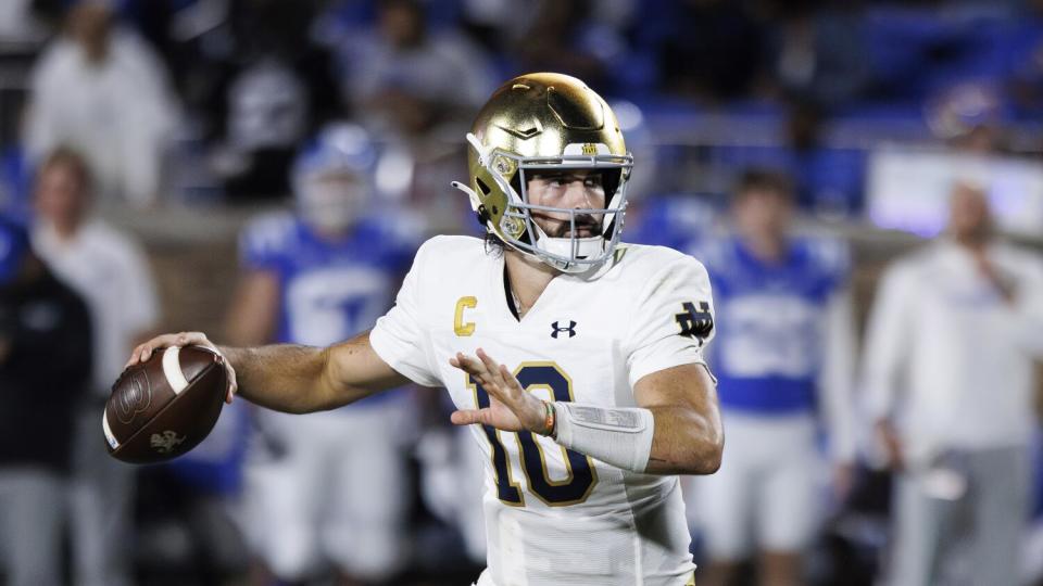 Notre Dame's Sam Hartman throws during a game against Duke.