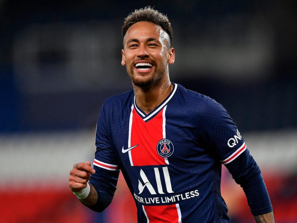 Neymar Jr of Paris Saint-Germain reacts during the Ligue 1 match between Paris Saint-Germain and Stade Reims at Parc des Princes.
