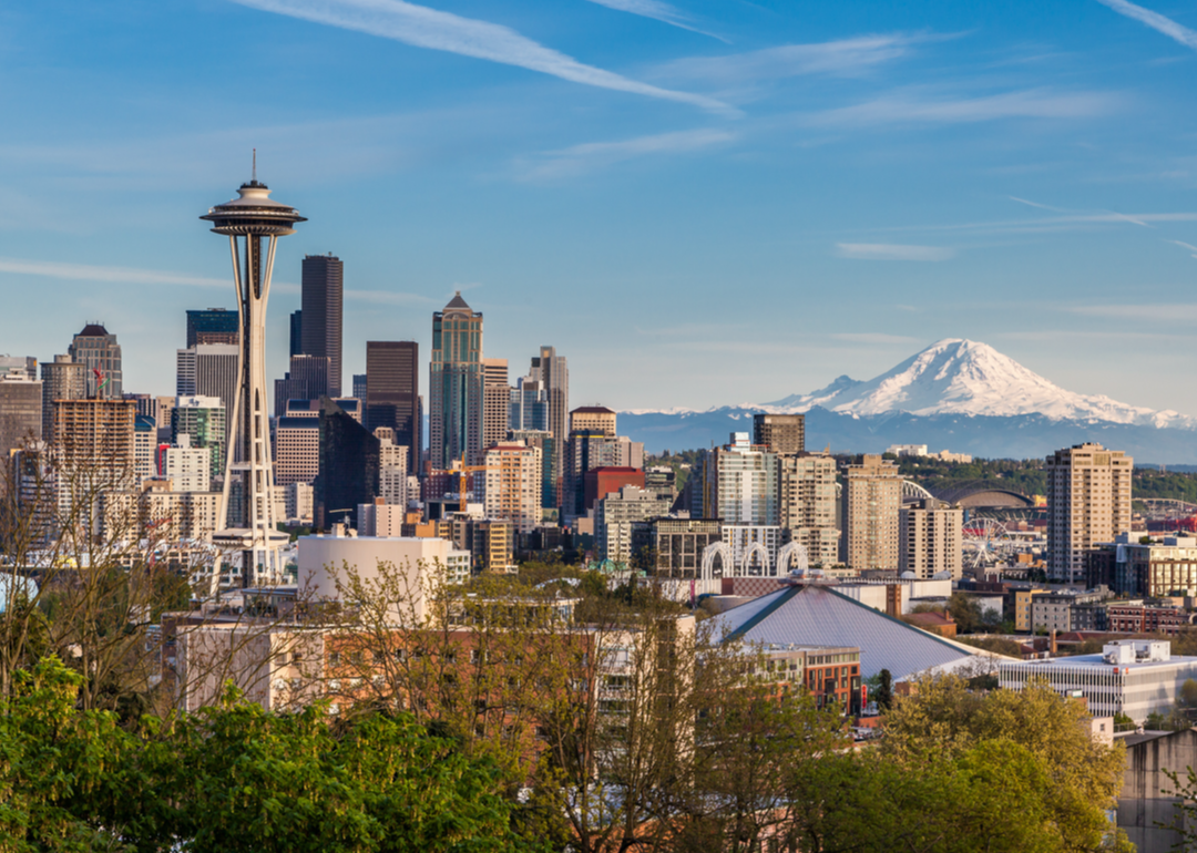 Elevated view of Space Needle and downtown.