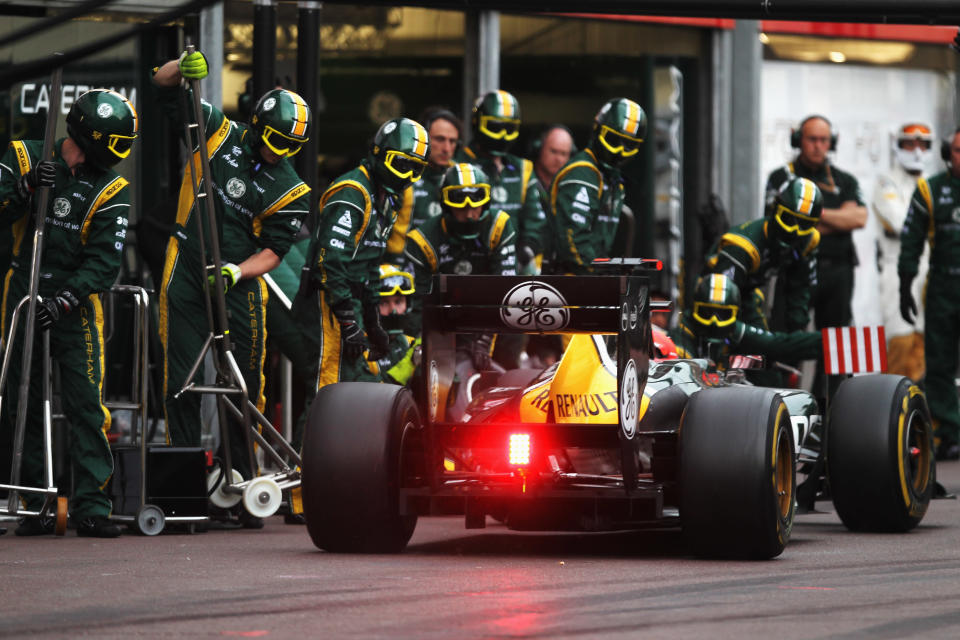 Heikki Kovalainen of Finland and Caterham drives in for a pitstop during the Monaco Formula One Grand Prix at the Circuit de Monaco on May 27, 2012 in Monte Carlo, Monaco. (Mark Thompson/Getty Images)