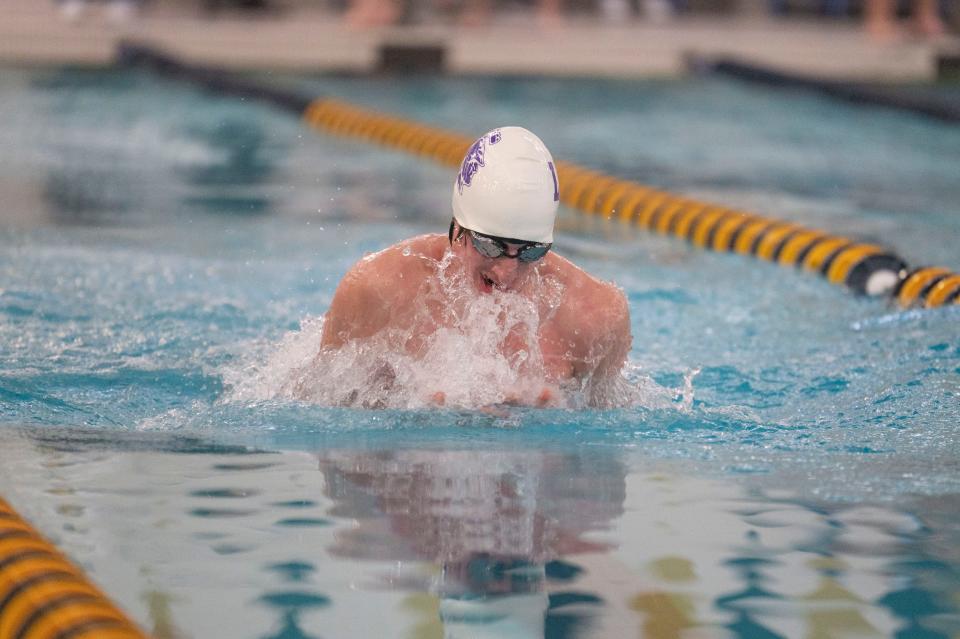 Lakeview junior Eamon Foljahn swims in the 200 breaststroke relay during the Cereal Bowl relay meet at Battle Creek Central High School on Saturday, Dec. 3, 2022.