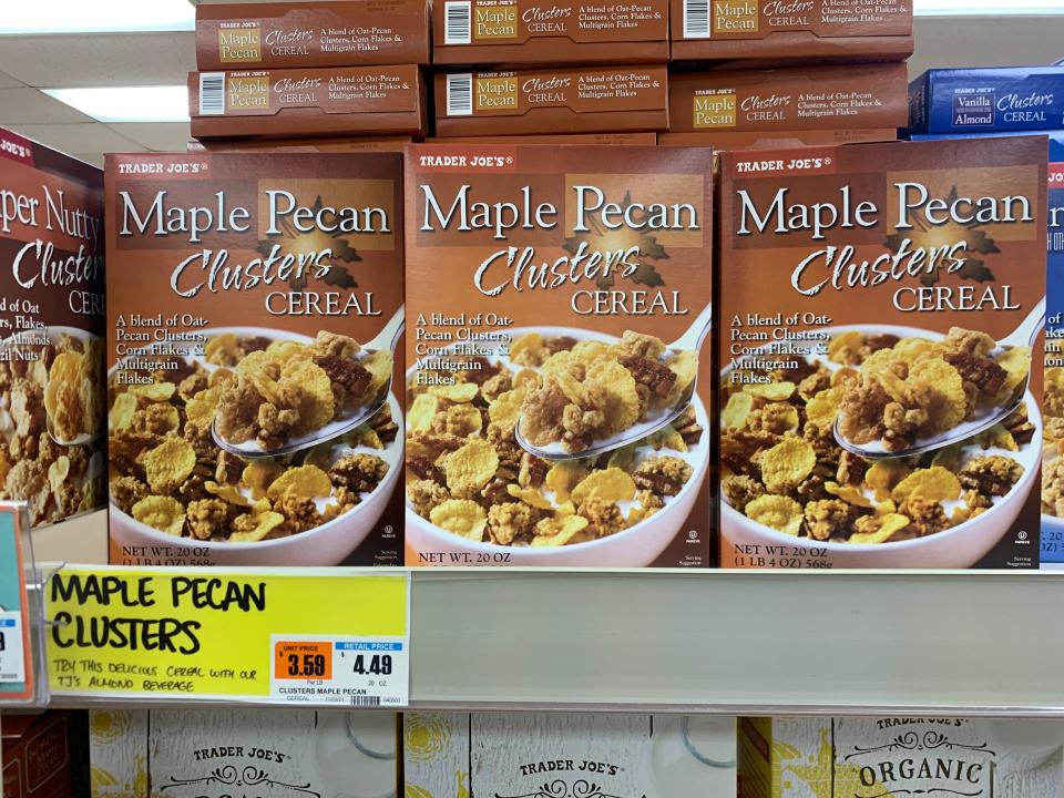 Brown boxes of maple pecan cluster cereal at trader joe's