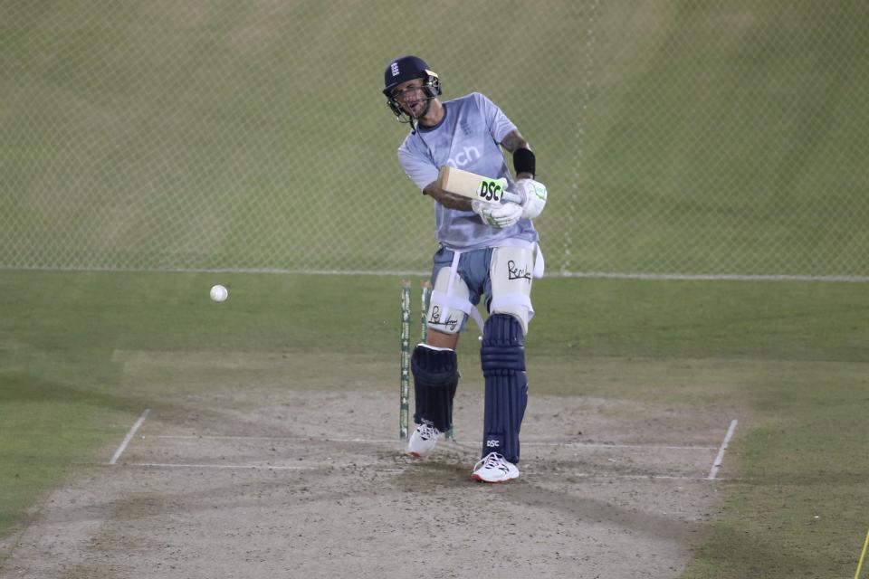 England's Alex Hales attends a training session at the National Cricket Stadium, in Karachi, Pakistan, Saturday, Sept. 17, 2022. England and Pakistan will play first twenty20 cricket match on Sept. 20. (AP Photo/Fareed Khan)