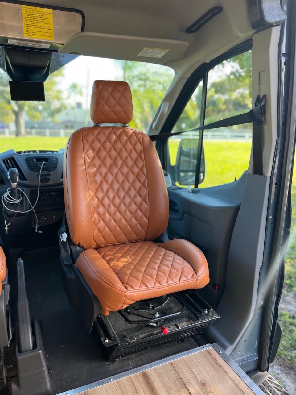 The interior of their 2019 Ford Transit van.
