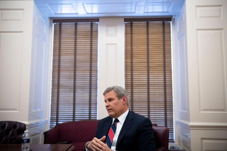 Gov. Bill Lee sits in his office on the first floor at the Tennessee State Capitol in Nashville, Tenn., Monday, Oct. 3, 2022.