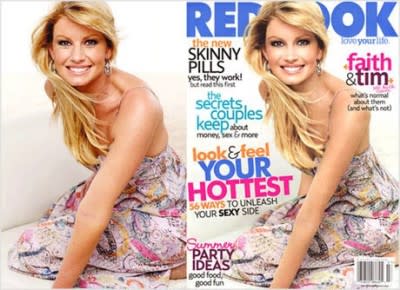 <div class="caption-credit"> Photo by: Redbook</div><b>Faith Hill <br></b> When the original unretouched cover photo from Redbook's July 2007 issue surfaced, the singer said she was disappointed by the altered photo. Redbook stood by the image saying, "the retouching we did on Faith Hill's photo for the July cover is completely in line with industry standards." We think she looked pretty darn good in the original image. <br>