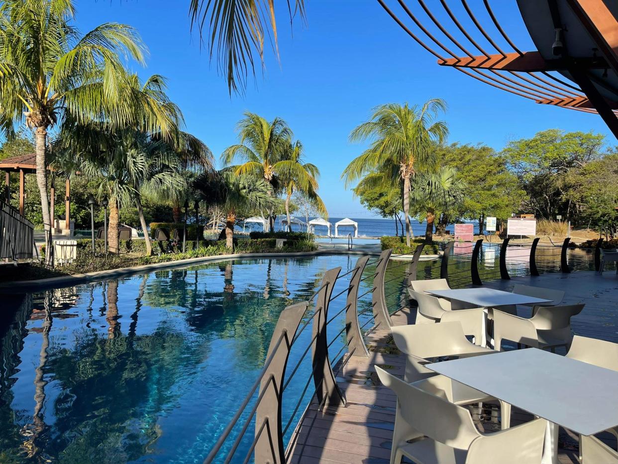 photos of a pool and pool deck at a resort in costa rica