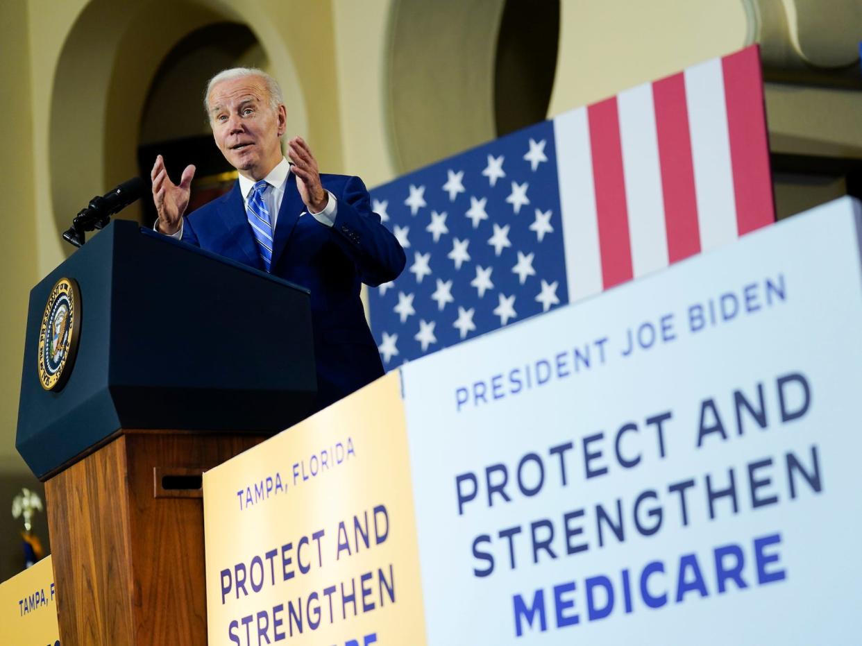 President Joe Biden speaks about his administration's plans to protect Social Security and Medicare and lower healthcare costs, Thursday, February 9, 2023, at the University of Tampa in Tampa, Florida.