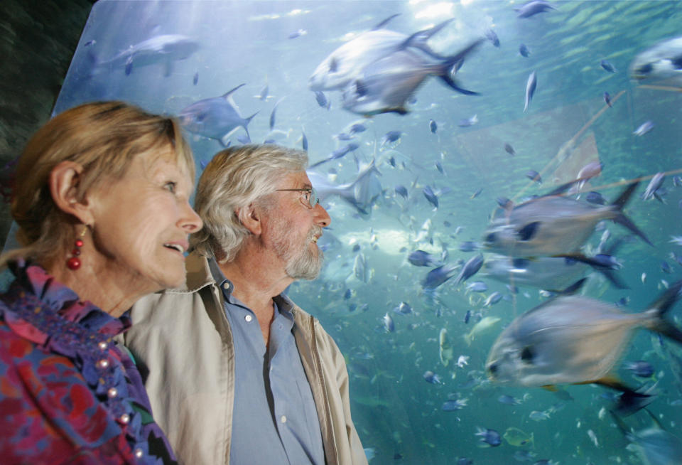 Taylor and explorer Jean-Michel Cousteau, who appears in "Playing with Sharks," in 2006. (Photo: Will Burgess / Reuters)