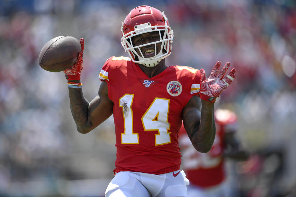 Sep 8, 2019; Jacksonville, FL, USA; Kansas City Chiefs wide receiver Sammy Watkins (14) reacts after scoring his second touchdown of the game during the first quarter against the Jacksonville Jaguars at TIAA Bank Field. Mandatory Credit: Douglas DeFelice-USA TODAY Sports