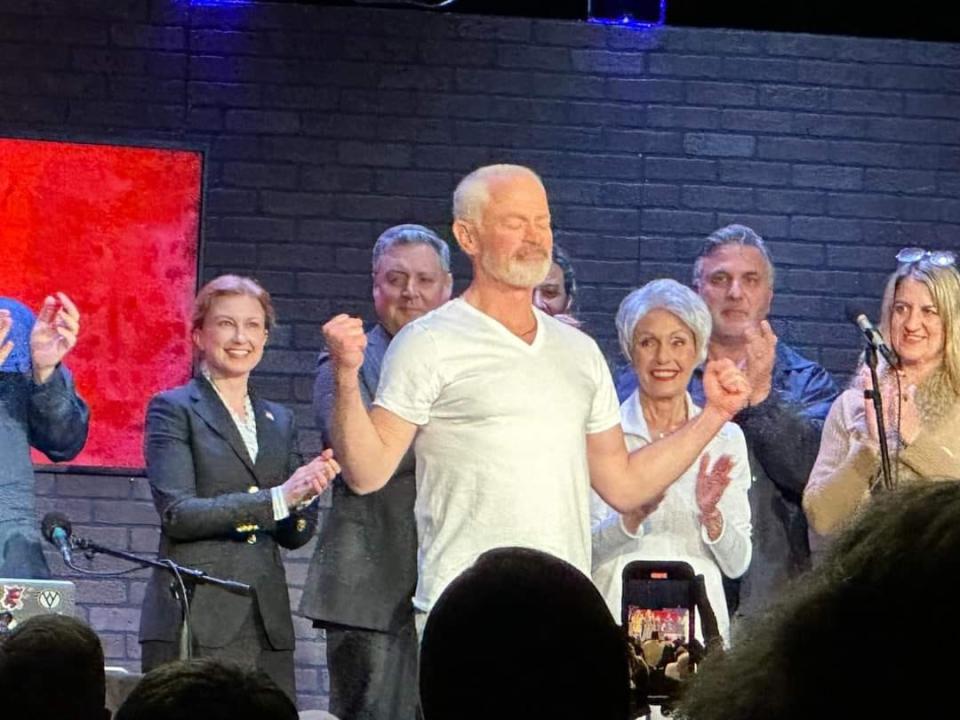 Neal McDonough taking a moment at the end of "Hunting Whitey," in which he played Whitey Bulger with several Cape Cod actors on May 16 at Boston's Wilbur Theatre. "It's good to be home!" Barnstable High School grad McDonough shouted moments later.