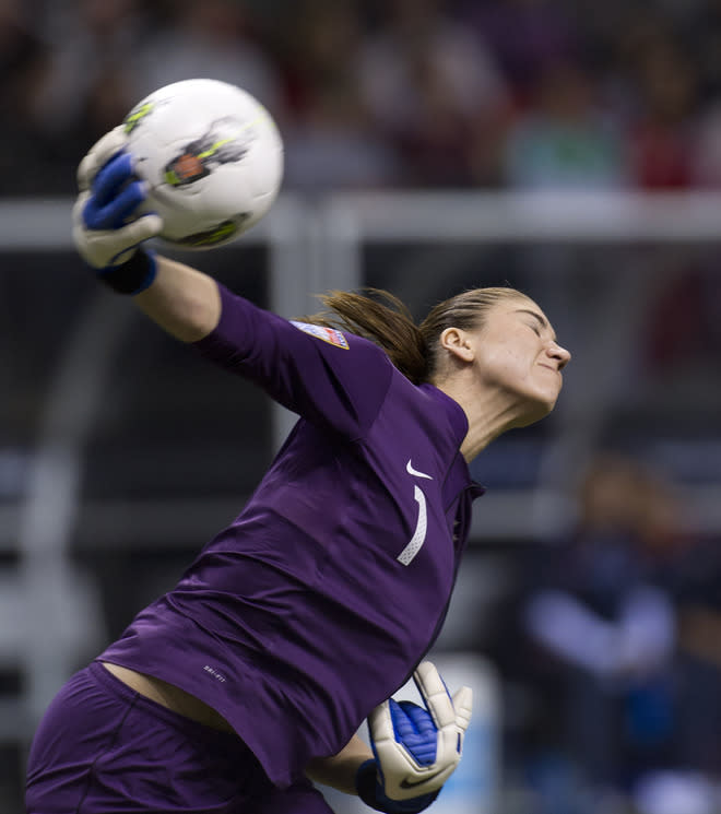 VANCOUVER, CANADA - JANUARY 27: Goalie Hope Solo #1 of the United States throws the ball back in play during the second half of semifinals action against Costa Rica of the 2012 CONCACAF Women's Olympic Qualifying Tournament at BC Place on January 27, 2012 in Vancouver, British Columbia, Canada. (Photo by Rich Lam/Getty Images)