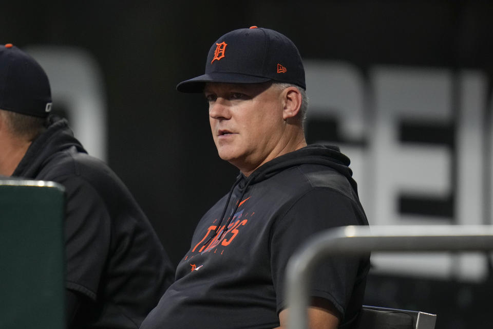 Detroit Tigers manager A. J. Hinch sits in the dugout during the first inning of a baseball game against the Chicago White Sox, Friday, Sept. 1, 2023, in Chicago. (AP Photo/Erin Hooley)