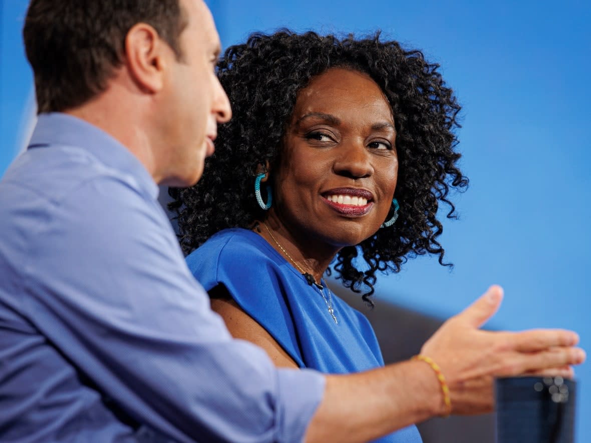 Mitzie Hunter (centre) takes part in a mayoral debate hosted by CBC Toronto on June 6, 2023. (Evan Mitsui/CBC - image credit)