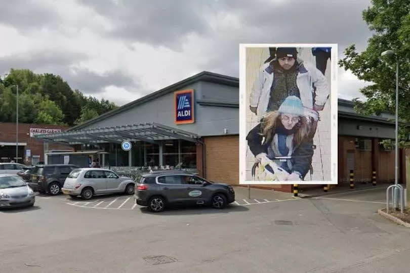 Aldi store in Victoria Street in Hednesford and inset - a man being of ‘mixed heritage, in his 30s, of a slim build and was wearing a white jacket’, also wearing a black beanie hat and a patterned jacket underneath his coat. and the woman with  ‘blonde hair and was wearing glasses, a black jacket and a blue knitted hat and pushing a pushchair - wanted for robbery