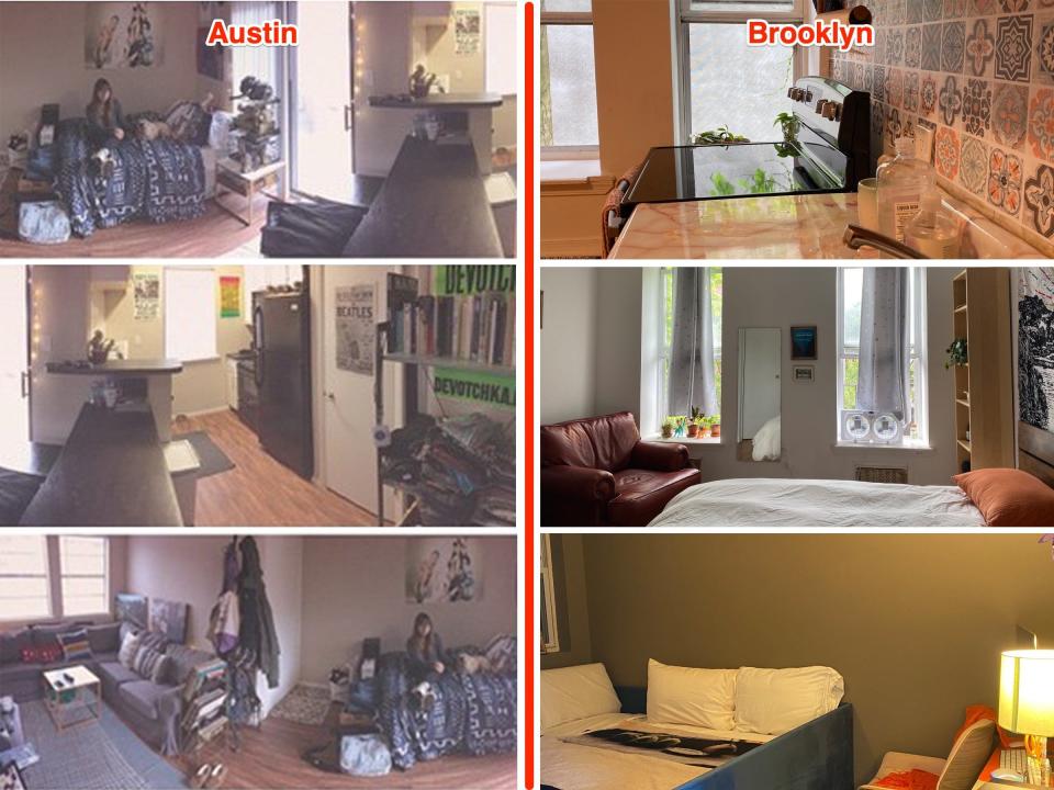 Two sets of three stacked photos showing an apartment in Austin compared to an apartment in Brooklyn.