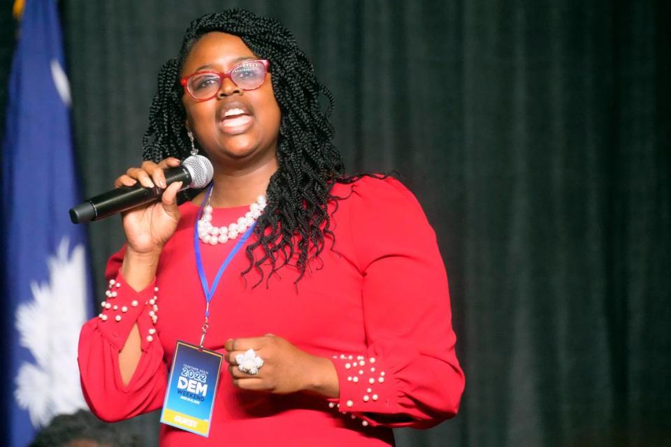 State Rep. Krystle Matthews, a Democrat seeking to challenge GOP U.S. Sen. Tim Scott, speaks at the South Carolina Democratic Party convention on Saturday, June 11, 2022, in Columbia, S.C. (AP Photo/Meg Kinnard)