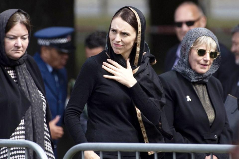 New Zealand Prime Minister Jacinda Ardern leaves a memorial at Friday Prayer for the Christchurch shooting victims | MARTY MELVILLE/AFP/Getty