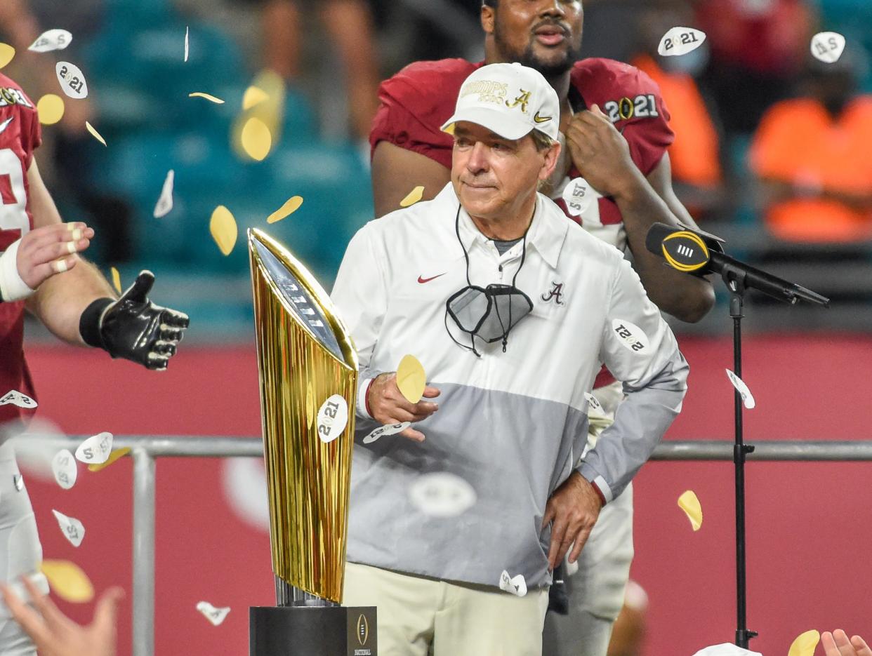 Alabama head coach Nick Saban at the trophy ceremony after the Crimson Tide defeated the Ohio State Buckeyes 52-24 at the College Football Playoff Championship Game at Hard Rock Stadium in Miami Gardens, Jan. 11, 2021.