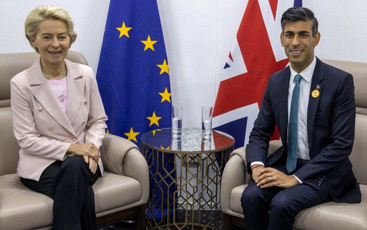 Rishi Sunak is poised to sign off the pact with Ursula von der Leyen, the EU Commission president, on Monday - Steve Reigate/Pool Photo via AP