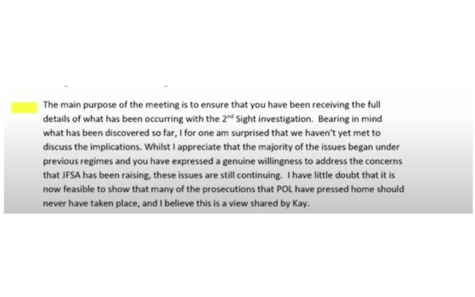Alan Bates' email to Ms Vennells in 2013, in which he expressed surprise that they had not met to discuss his suggestions that many prosecutions of subpostmasters 'should never have taken place'