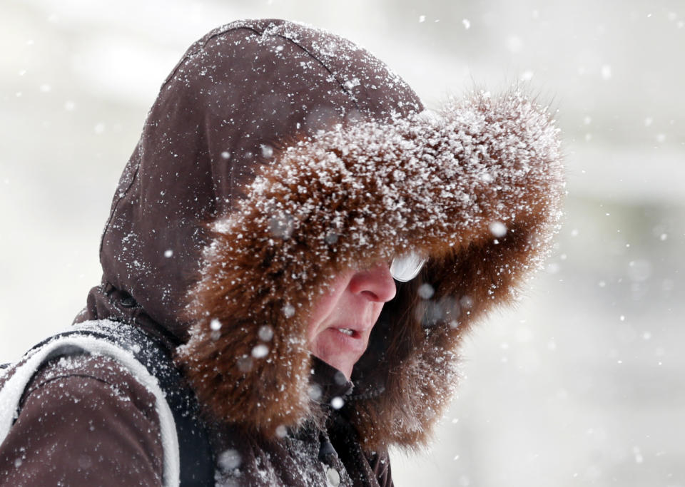 A pedestrian walks in the snow on Thursday, Jan. 2, 2014, in Albany, N.Y. Up to 5 inches of snow had fallen in eastern New York early Thursday, but the National Weather Service said some areas from Buffalo to Albany could get up to 12 inches by the time the storm subsides on Friday. (AP Photo/Mike Groll)